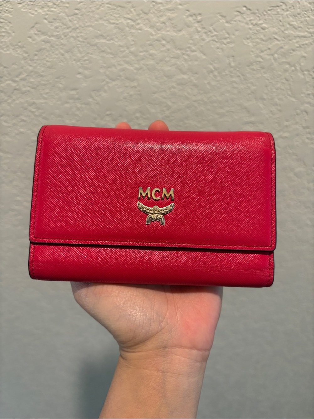 MCM Hot Pink Leather Trifold Card Holder with Gold Logo